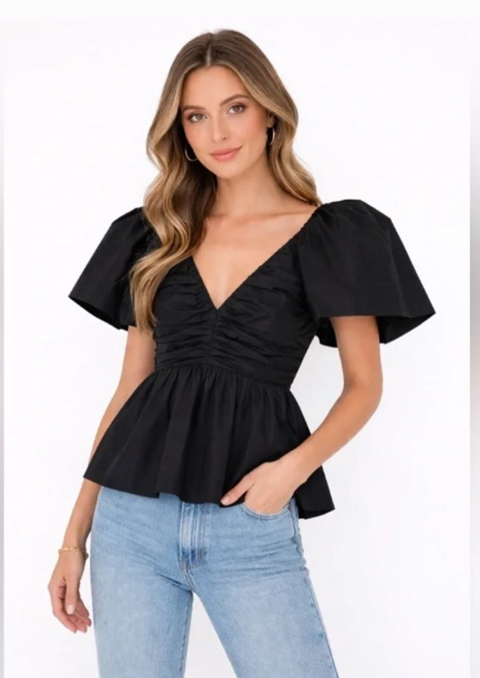NWT Hyacinth House Tuckernuck Flutter Sleeve Margaux Blouse Black XXL